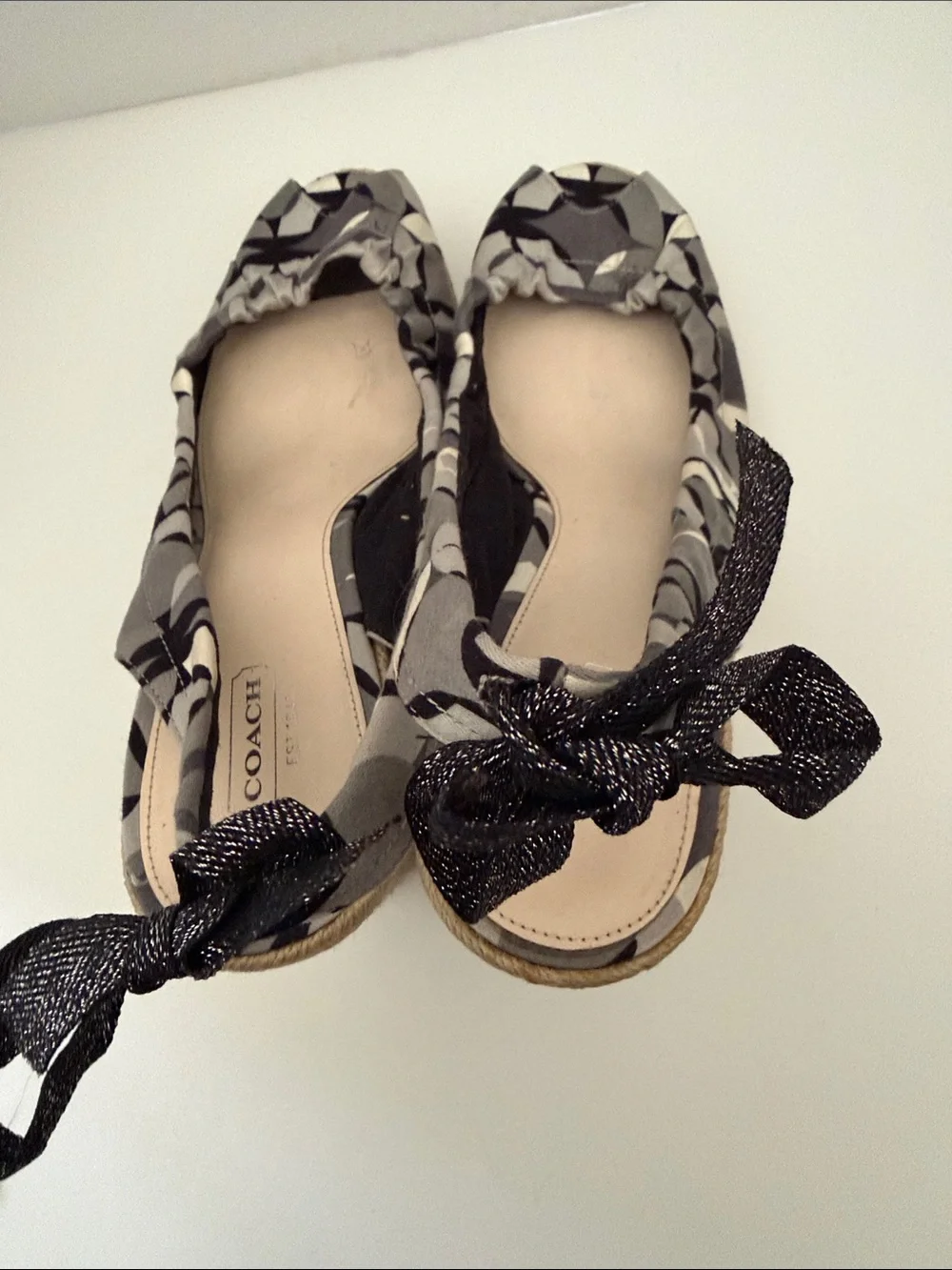 Coach Gray & Black Patterned Peep-Toe Slingback Wedges
